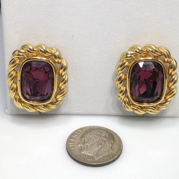 Swarovski S.A.L. Earrings, Purple Crystal Clip Ons, Gold Rope Design, 1970s - Picture 7 of 10